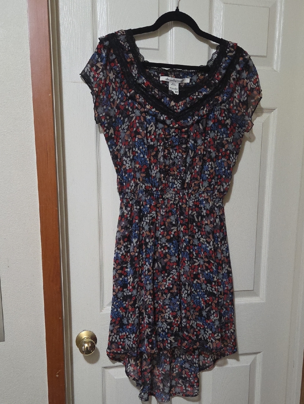 American Rag Black Floral High-Low Dress with Red & Blue Flowers